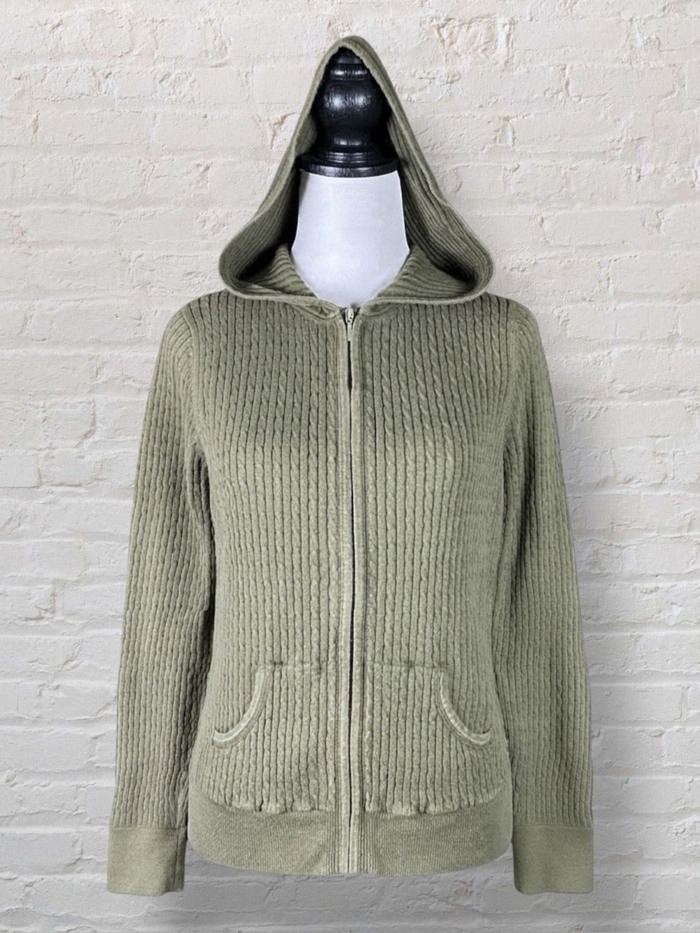 Pria Sweater Green Cardigan Hoodie Cable Knit Zip Front Cabincore Cozy Casual M